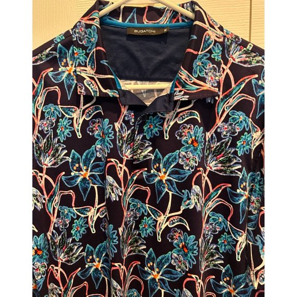 Bugatchi Short Sleeve Pull Over Shirt size XL Cotton Bright Blue Floral Abstract - Picture 3 of 4